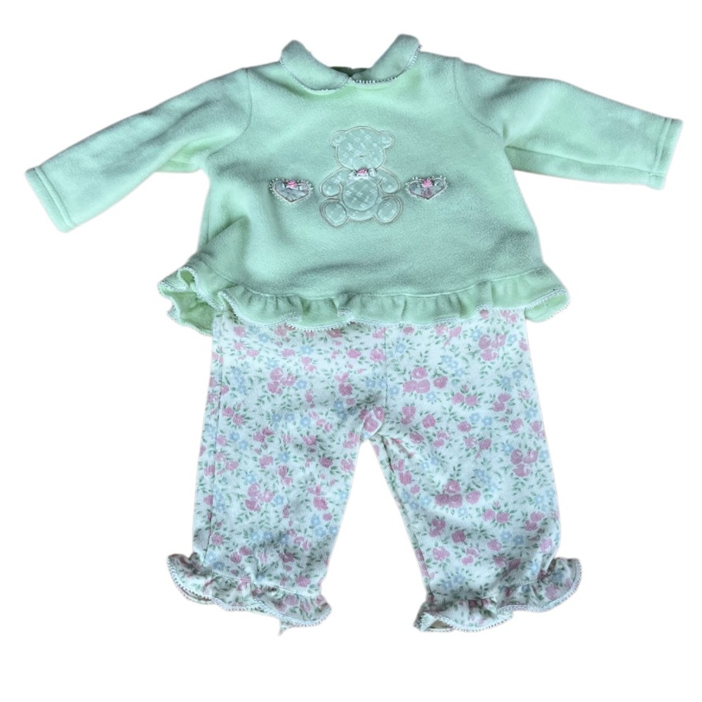 🌟3/$25🌟 New With Tag BabyQ Green Teddy Bear Kids Top and Floral Pants Set